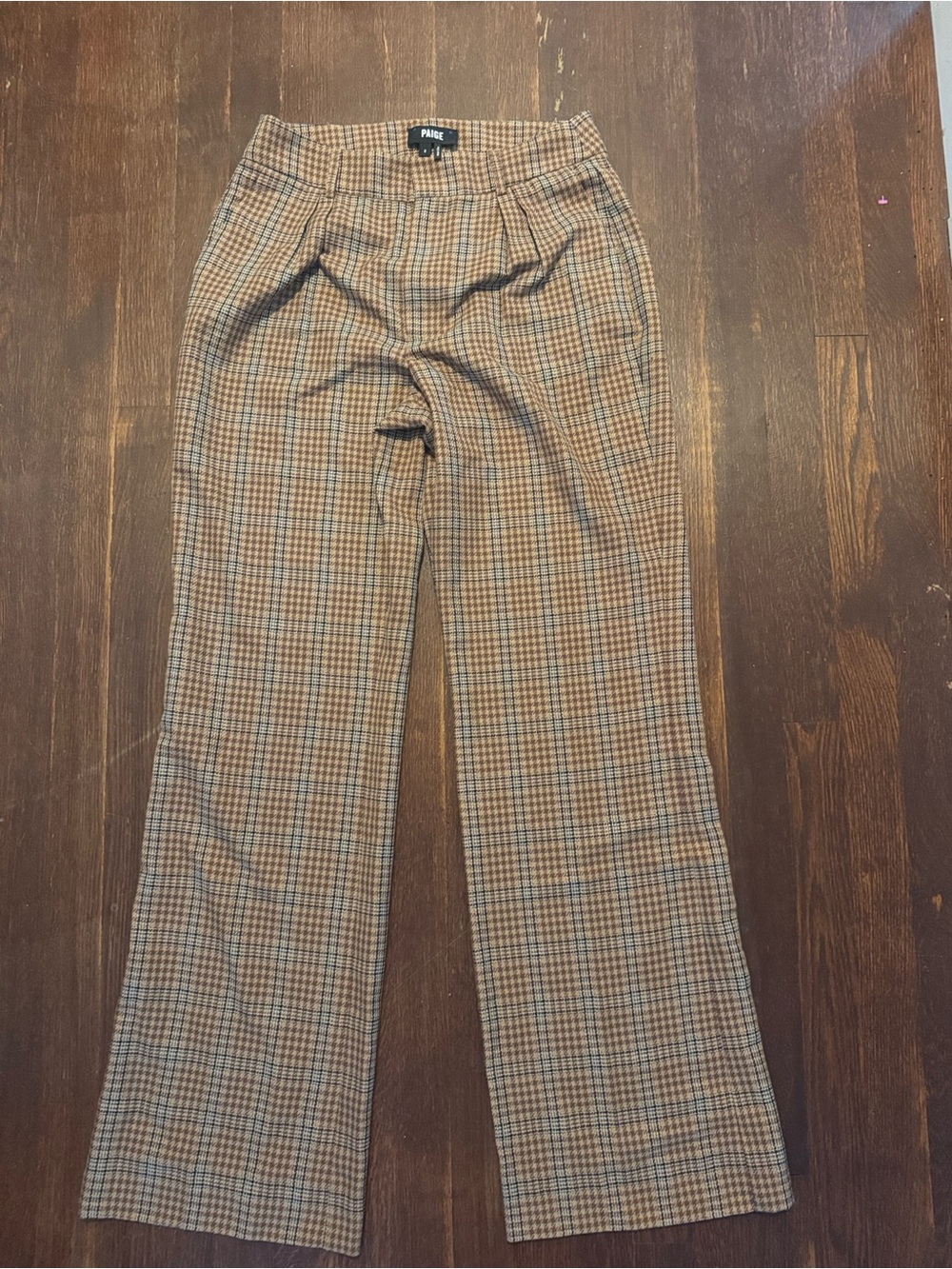 PAIGE Brown Tan Plaid Wide-Leg Trousers
